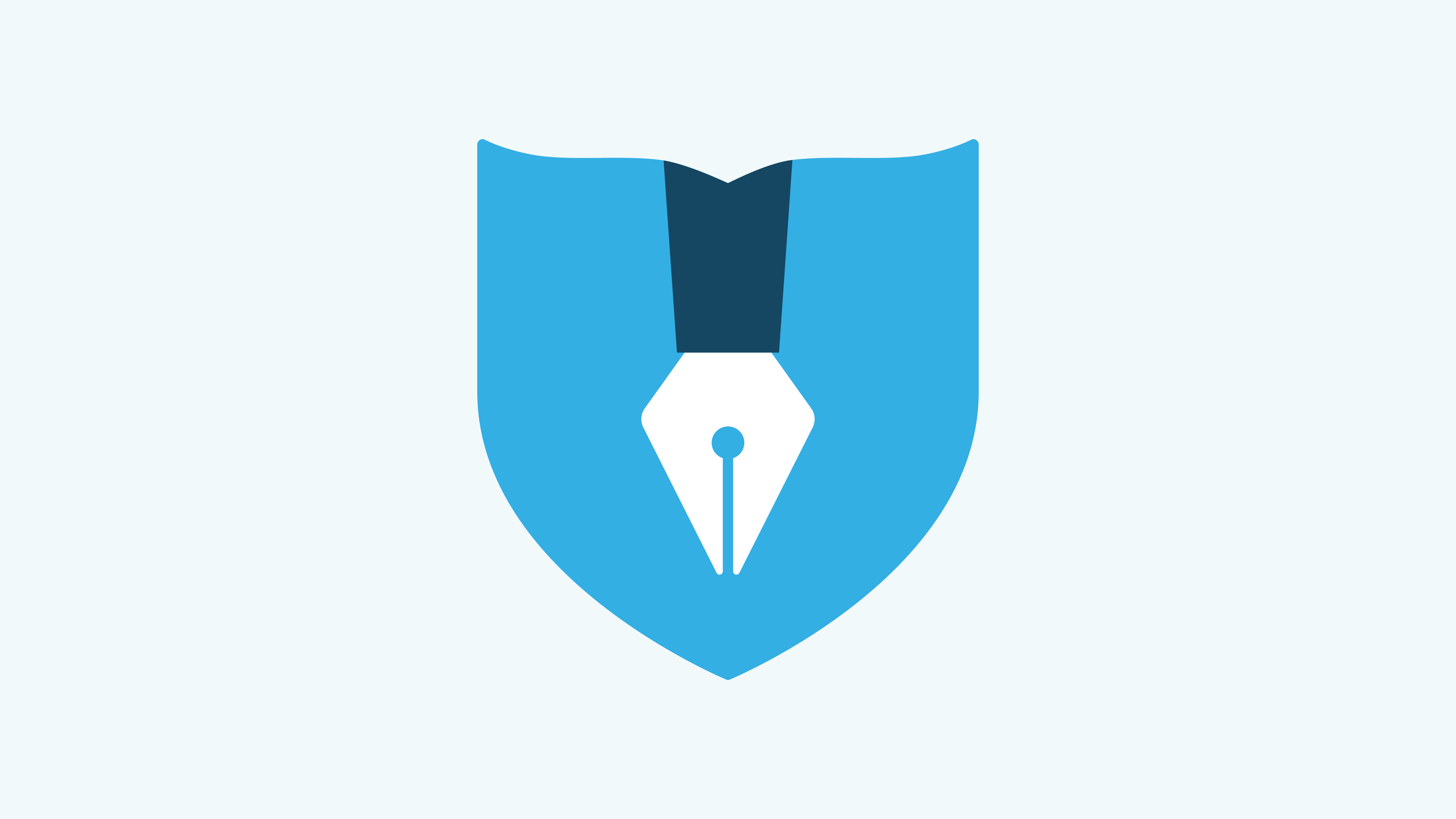 a pen on a bright blue shield over a gray field