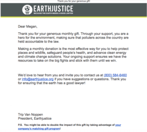 earth justice donor thank you email