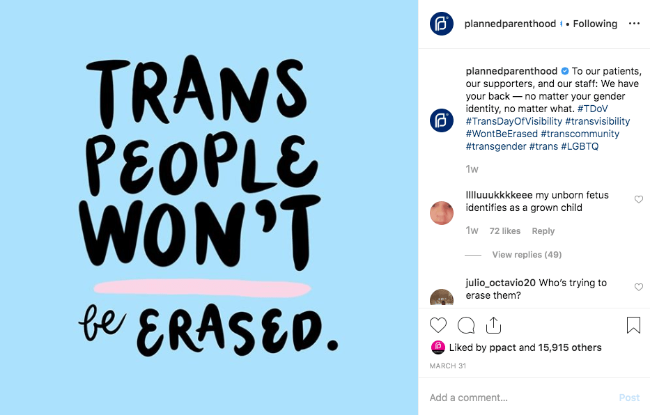 Planned Parenthood Instagram post on Trans Day of Visibility