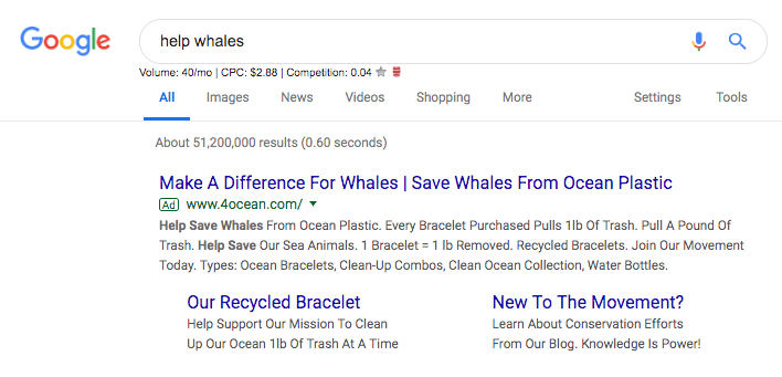 Example of Google Search ad, using the Google Ad Grant