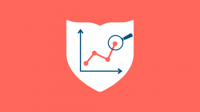 a magnifying glass looking at an upward trending graph in a crest on a salmon colored rectangle