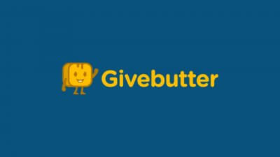 "Givebutter" in a butter yellow next to a waving pad of butter also in yellow set against a navy blue field.