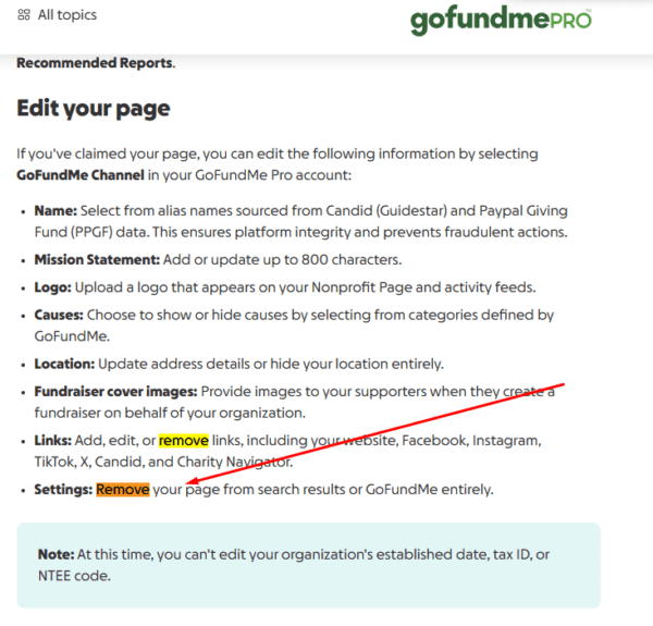 How to Remove Nonprofit Donation Page from Gofundme Whole Whale