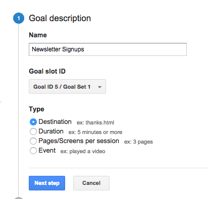 Google Analytics Goal Type Screen